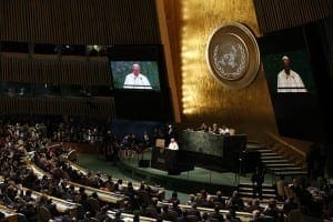 The hall of the General Assembly of the United Nations in New York is filled as Pope Francis speaks Sept. 25. CNS Photo/Paul Haring