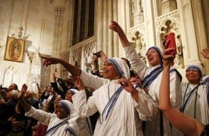 Members of the Missionaries of Charity cheer as Pope Francis arrives at St. Patrick's Cathedral for an evening prayer service Sept. 24. CNS Photo/Tony Gentile, Reuters