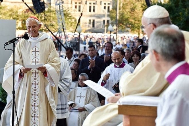 Washington Cardinal Donald W. Wuerl addresses Pope Francis during Mass and the canonization of Junipero Serra. CNS Photo/Matthew Barrick 