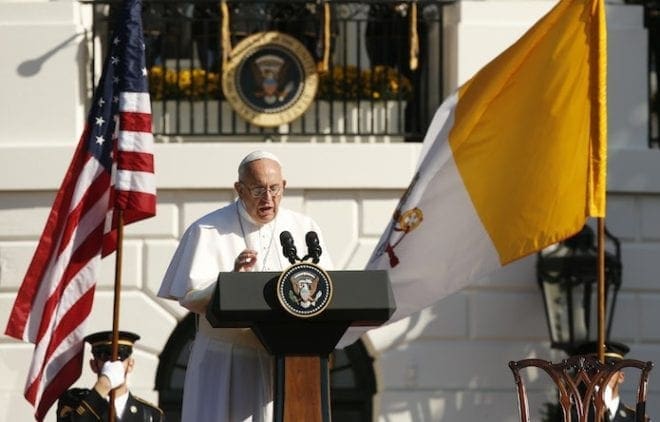 Pope Francis speaks during a ceremony with U.S. President Barack Obama on the South Lawn of the White House in Washington Sept. 23. CNS Photo/Paul Haring