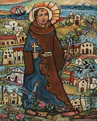 This acrylic on wood painting of Blessed Junipero Serra and his nine missions was executed by Catholic folk artist Jen Norton earlier this year. CNS photo/courtesy of Jen Norton 