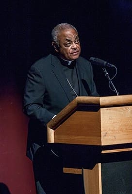 Archbishop Wilton D. Gregory, the second keynote speaker at the Nostra Aetate Jubilee celebration, told the audience, “Together we bask in the joy of our friendship.” Photo By Thomas Spink
