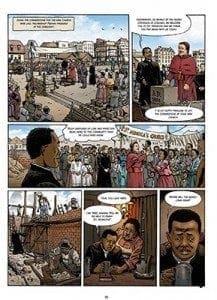 Illustrations from the graphic book "Father Augustus Tolton: The First Recognized Black Catholic Priest in America." Born into slavery, he fled with his mom and siblings through the woods of northern Missouri and across the Mississippi while being pursued by soldiers. CNS photo/Liturgy Training Publications and Editions du Signe