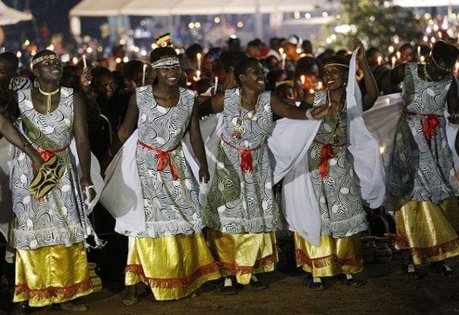 Traditional dancers perform as Pope Francis visits the Munyonyo shrine in Kampala, Uganda Nov. 27. The pope met with catechists and teachers at Munyonyo, the martyrdom spot of the Uganda Martyrs. CNS photo/Paul Haring
