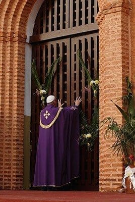 Pope Francis opens the Holy Door as he begins the Holy Year of Mercy at the start of a Mass with priests, religious, catechists and youths at the cathedral in Bangui, Central African Republic, Nov. 29. CNS photo/Paul Haring 