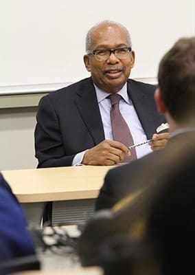 Ernest Green, one of nine African-American students to enroll in Arkansas’ racially segregated Little Rock Central High School in 1957, entertains questions from Marist School students during an afternoon class in the Ivy Street Center lecture hall. Following graduation from Little Rock Central High School, Green attended Michigan State University, where he earned a bachelor of arts and master's degree. He also served as assistant secretary of labor in President Jimmy Carter's administration. Photo By Michael Alexander