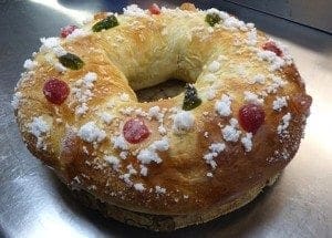 A finished roscon de reyes, a cake traditionally savored during the Epiphany in Mexico and Spain, is pictured at Washington's Taberna del Alabardero Dec. 18. The cake is similar to the king cake, but is starting to appear more often in January at the tables of immigrants living in the U.S.
