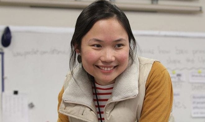 St. John the Evangelist School teacher Amelia Leanne Taruc conducts a lesson with her fifth-grade social studies class about the ideas, principles and symbols that shape the United States. Taruc, a native of the Philippines, became a U.S. citizen Jan. 26 and she will graduate from the University of Notre Dame, South Bend, Ind., with a master's in elementary education this July. Photo By Michael Alexander