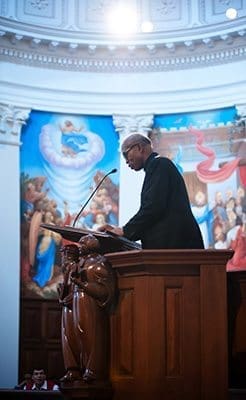 Archbishop Anthony Obinna of Owerri, Nigeria, speaks March 4 on the theology and practice of reconciliation during the "Black & White in America: How Deep the Divide?" conference at Samford University in Birmingham, Ala. CNS Photo/Mary D. Dillard, One Voice