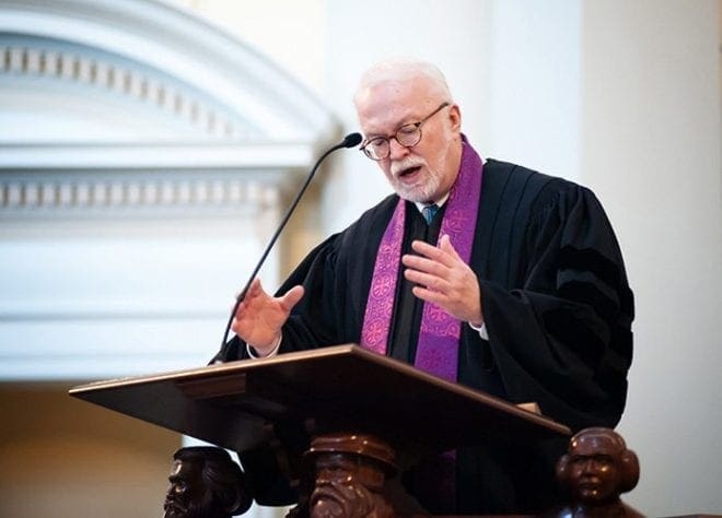 The Rev. Timothy George, dean of Beeson Divinity School at Samford University in Birmingham, Ala., delivers a homily during a midday prayer service March 4 to conclude the "Black & White in America: How Deep the Divide?" conference in Birmingham. CNS Photo/Mary D. Dillard, One Voice