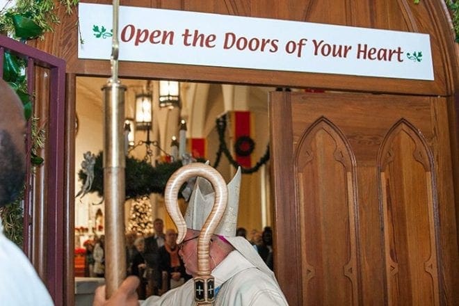 Bishop David P. Talley dedicated the Shrine of the Immaculate Conception as a place of pilgrimage in the Year of Mercy on Friday, Jan. 1. The bishop opened the Holy Door of Mercy at the Shrine on the solemnity of Mary, the Mother of God. Photo By Thomas Spink