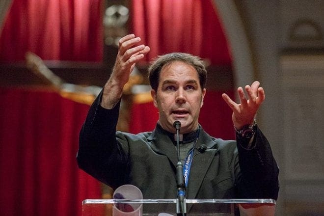 In the English track at the 2016 Eucharistic Congress, Father Donald Calloway, MIC, shared the story of his transformation from a life of drugs to becoming a priest of the Marians of the Immaculate Conception. He has a special devotion to the Blessed Mother. Photo by Thomas Spink 