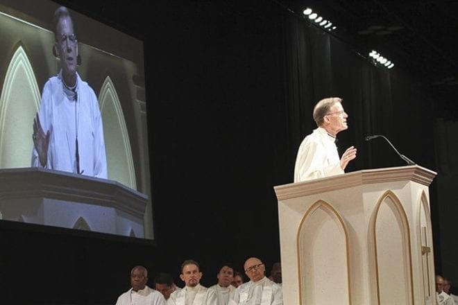 Archbishop John C. Wester of Santa Fe, New Mexico, delivers his homily to a vast audience at the Georgia International Convention Center, College Park June 4. Photo By Michael Alexander