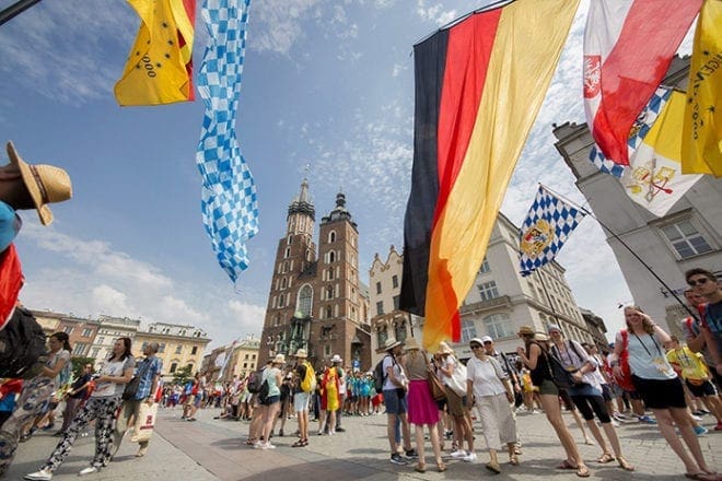 World Youth Day pilgrims gather on Krakow's main square in Poland July 26. CNS Photo/Jaclyn Lippelmann, Catholic Standard