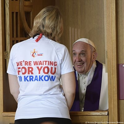 Pope Francis hears a confession as he visits the Divine Mercy Shrine in Lagiewniki, a suburb of Krakow, Poland, July 30. CNS Photo/L'Osservatore Romano, Handout