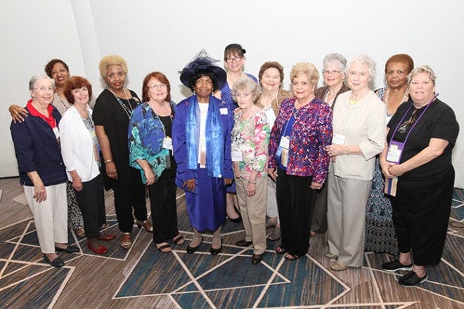 The past presidents of the Atlanta Archdiocesan Council of Catholic Women were honored during this year’s convention. Those on hand for the Sept. 17 luncheon included (l-r) Mary Hargaden (2001-2003), Dana Willis (2011-2013), Deirdre Holler (1995-1997), Celeste Prier (2003-2005), Shirley Radican (1997-1999), Mayfern Barron (2005-2007), Deanna Holmer (2013-2015), Betty Herbert (1989-1990), Joy Russ (1979-1981), Julie Pardo (current president), Sandy Odendahl (1987-1989), Ruth Maguire-Bates (1973-1975), Bertha Rucker-Scott (1993-1995) and Shirley Towle (2009-2011). Photo By Michael Alexander