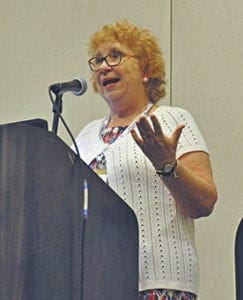 Christine Heusinger, of the Atlanta Archdiocese, speaks on parish hospitality during the International Catholic Stewardship Council conference in New Orleans. The event was held Oct. 2-5. Photo By Peter Finney Jr.