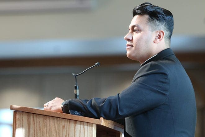 Father Rey Pineda, parochial vicar at the Cathedral of Christ the King, Atlanta, shares the personal story of his undocumented status and how he became eligible for the Deferred Action for Childhood Arrivals program prior to being ordained a priest in 2014. Photo By Michael Alexander