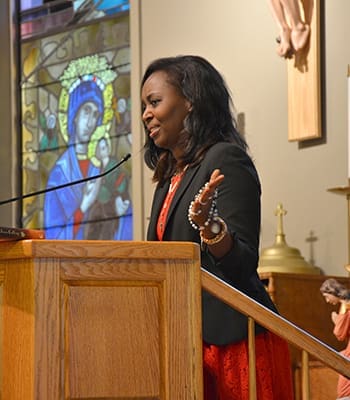 Immaculee Ilibagiza, Rwandan genocide survivor, shared her story of faith and forgiveness the weekend of Oct. 28-29 at St. George Church in Newnan. The Mary Our Mother Foundation hosted the Treasures of Our Faith Retreat. Photo by Debby Dye