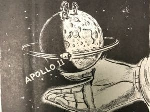 A newspaper cartoon image of astronauts of Apollo 11 on the moon. The moon is held in the hand of God.