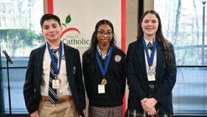 Students, Andrew Wiegand left, and Liam Wolfe right, competed on Marist School’s Theology team during the Theology bowl Feb. 6. The bowl challenged students through seven fast-paced rounds covering a wide range of topics. Photo by Julianna Leopold