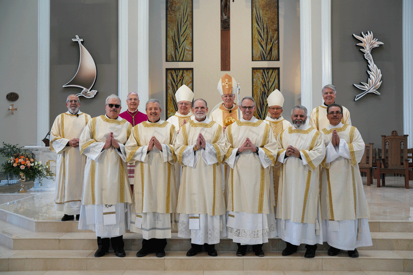 6 Newly Ordained Deacons Stand before Archbishop and Bishop Ned